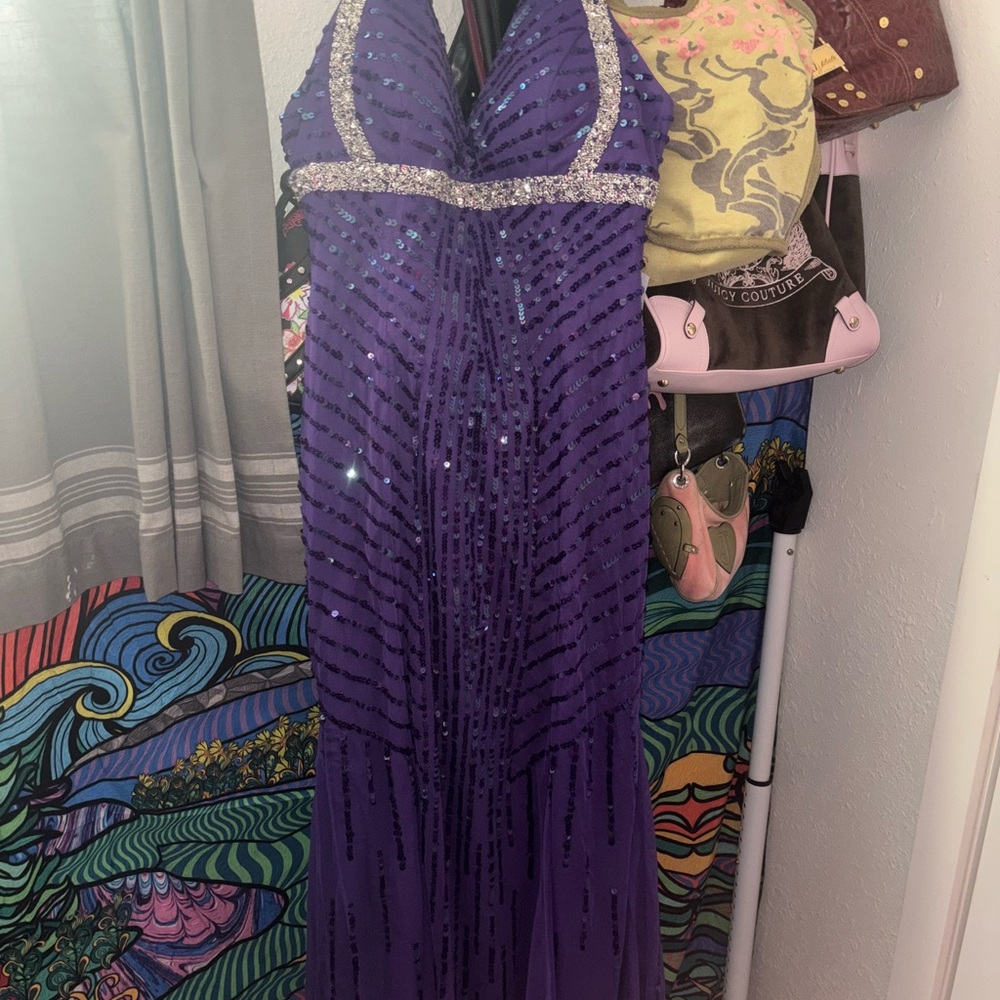 Cache Purple Sequin Halter Dress